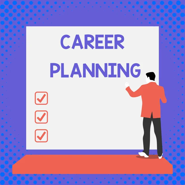 Tekst teken dat carrière planning weergeeft. Conceptuele foto plan strategisch uw carrièredoelen en werk succes terug Bekijk jonge man gekleed pak staande platform geconfronteerd met lege rechthoek. — Stockfoto