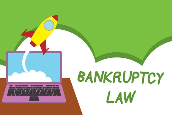 Text sign showing Bankruptcy Law. Conceptual photo Designed to help creditor in getting the asset of the debtor Successful rocket launching clouds out laptop background. Startup growing.