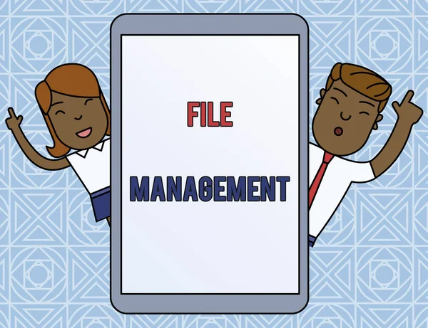 Word writing text File Management. Business concept for computer program that provides user interface to analysisage data Male and Female Index Fingers Up Touch Screen Tablet Smartphone Device.