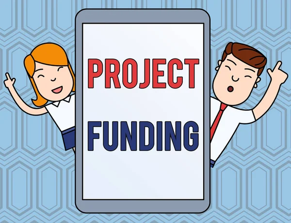 Text sign showing Project Funding. Conceptual photo paying for start up in order make it bigger and successful Male and Female Index Fingers Up Touch Screen Tablet Smartphone Device.