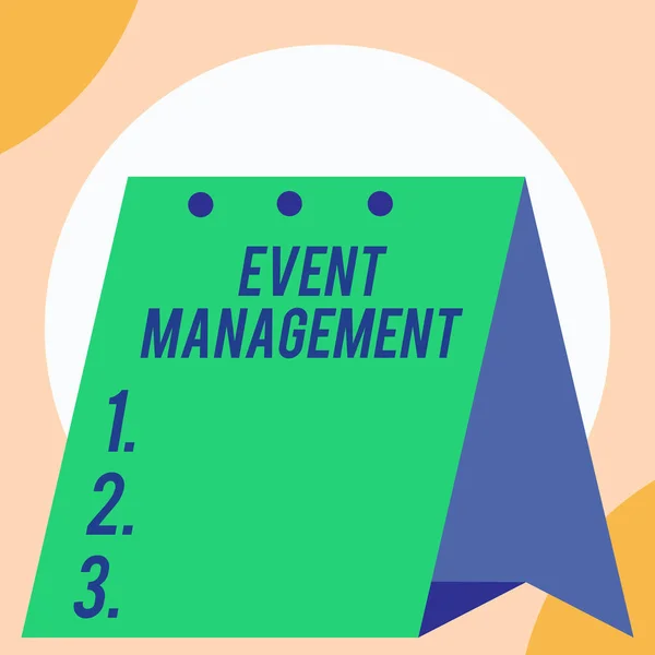 Handwriting text Event Management. Concept meaning creation and development of large scale actions festivals Open big standing calendar Desk monthly planner Geometrical background. — Stock Photo, Image