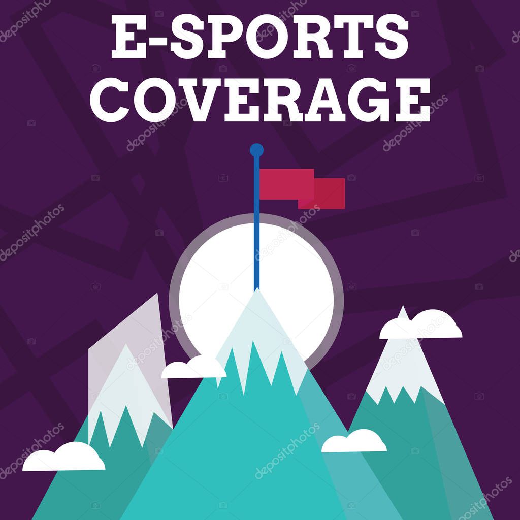 Handwriting text writing E Sports Coverage. Concept meaning Reporting live on latest sports competition Broadcasting Three High Mountains with Snow and One has Blank Colorful Flag at the Peak.