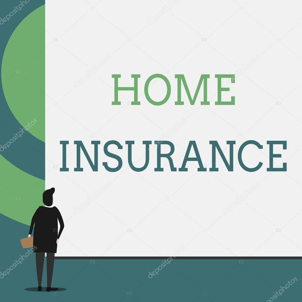 Text sign showing Home Insurance. Conceptual photo Covers looses and damages and on accidents in the house Back view young woman watching blank big rectangle. Geometrical background.