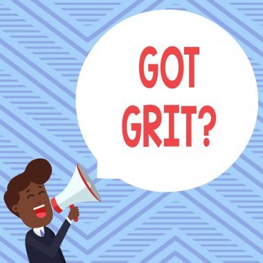 Kelime yazma metni Grit Question 'ı aldı. Genç Adam Megafon Yüzen Yuvarlak Şekil Boş Konuşma Baloncuğuna Bağrışma hedefine doğru azimle çalışmanın iş konsepti.