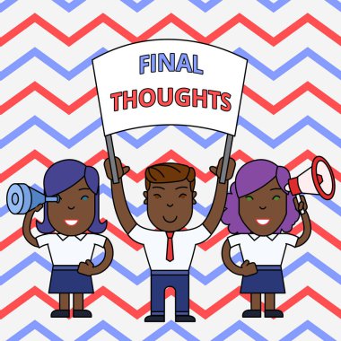 Son Düşünceleri gösteren kavramsal el yazısı. Banner, Megafon ve Spy Glass Gösteri ile sonuç veya son birkaç cümle içinde son birkaç cümle vitrine İş fotoğraf.