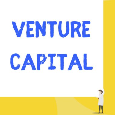 Venture Capital 'ı gösteren bir not yazıyorum. Firmaların sağladığı iş fotoğrafı sergisi finansmanı küçük sahnelerde genç bir kadın iki elini de sağ köşede tutuyor büyük bir dikdörtgen..