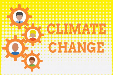 İklim Değişikliğini gösteren kavramsal el yazısı. İş fotoğraf vitrin küresel ortalama sıcaklık Artış Hava dönüşümü Gearshaped resim çerçevesi aile süsü Tüm Aile fotoğrafı.