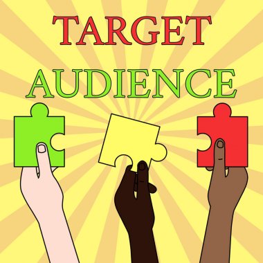 Hedef İzleyiciyi gösteren not yazılıyor. İş fotoğrafı gösterme kategorisi, sözlerinizi Üç Renkli Boş Yapboz Parçası Farklı İnsanların Ellerinde Tutulan Yapboz Parçalarına yöneltin.