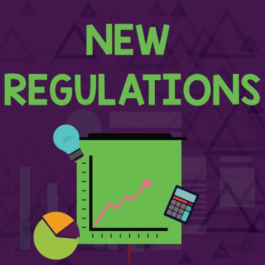 Yeni Yönetmelikleri gösteren not yazılıyor. Genelde kurallar tarafından kullanılan aktiviteyi kontrol eden iş fotoğrafı gösterimi yönetmeliği. Turta ve Satır Çizelgesinin Yukarı Oklu Yatırım Simgeleri.