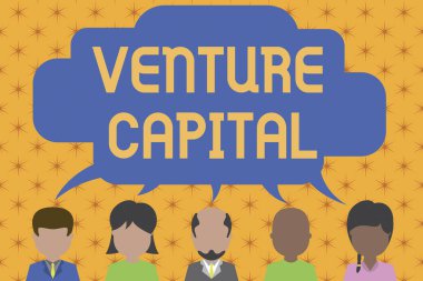Kelime yazma Venture Capital. Küçük şirketler tarafından sağlanan finansman konsepti. Beş farklı ırk, boş konuşma baloncuğu paylaşıyor. İnsanlar konuşuyor..