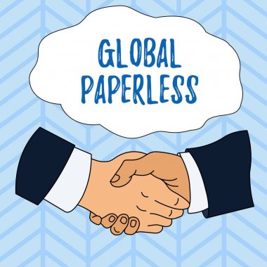 Global Paperless 'ı gösteren bir not yazıyorum. İş fotoğrafı sergisi, kağıt yerine e-posta gibi teknolojiler için kullanılıyor. El sıkışma çok ırklı Erkek Meslektaşlar Resmi Takım Elbisesi.