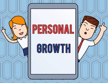 Kişisel Gelişim gösteren metin işareti. Kavramsal fotoğraf beceri niteliklerigeliştirmek yeni malzemeler Erkek ve Kadın Endeksi Fingers Up Dokunmatik Ekran Tablet Smartphone Device öğrenin.