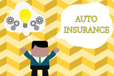 El yazısı metin otomatik sigorta yazma. Kavram anlamı Kaza durumunda mali kayıplara karşı koruma Ayakta adam takım elbise birlikte çalışan hayali kabarcık ampul dişliler kadar eller.