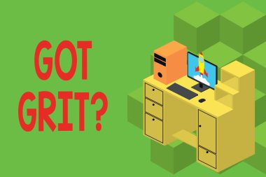 Got Grit Question'ı gösteren bir metin işareti. Kavramsal fotoğraf İstenilen hedefe doğru azimli bir çalışkanlık Masaüstü istasyon çekmeceleri kişisel bilgisayar roket bulutları fırlatma.