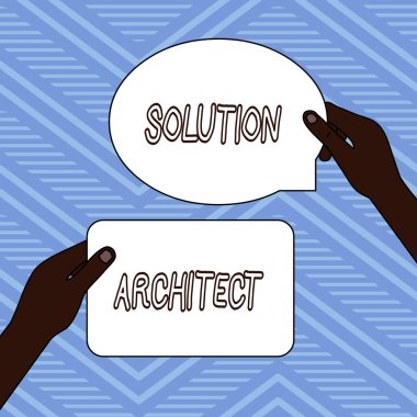 El yazısı metin yazma Çözüm Mimar. Kavram anlamı Tasarım uygulamaları veya bir organizasyon içinde hizmetler İki Boş Figürlü Tablet İşaretleri Ellerde Bir Diğer Metin Alanı Üzerinde Düzenlenen.