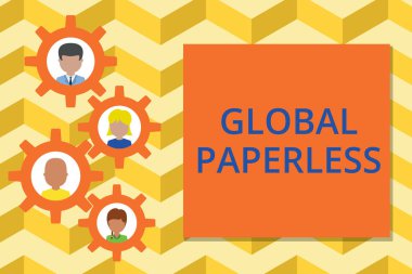 Global Evraksız Kelime Yazma Metni. Kağıt yerine e-posta gibi teknoloji yöntemleri için iş konsepti. Çerçeve çerçevesi, anne, baba, oğul fotoğrafı..