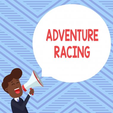 Kelime yazma Macera Yarışları. Bilinmeyen kurs boyunca seyrüsefer içeren disiplin sporu konsepti Megafon Yüzen Yuvarlak Şekil Boş Konuşma Baloncuğu 'na Bağıran Genç Adam.