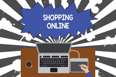 El yazısı metin yazma Shopping Online. Kavram internet web sitesi üzerinden istediğiniz satın alma anlamına gelir sonra üst görünüm dizüstü ahşap masa işçi çizim tablet kahve fincanı ofis teslim.