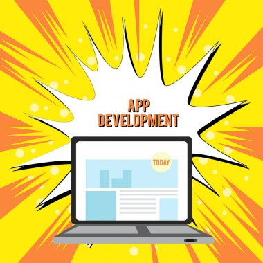 Text sign showing App Development. Conceptual photo Development services for awesome mobile and web experiences Open Modern Laptop Switched On with Website Homepage on Screen Web Search. clipart