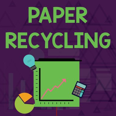 Kağıt Geri Dönüşümü 'nü gösteren bir not yazıyorum. İş fotoğraflarında, atık kağıtları geri dönüşüm için kullanılıyor. Turta ve Satır Çizelgelerinde Arrow Yukarı Giderken Yatırım Simgeleri kullanılıyor..