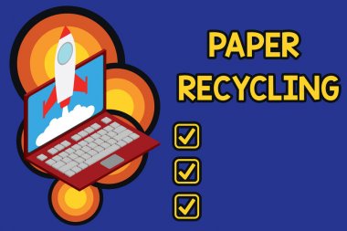 Kağıt Geri Dönüşümü 'nü gösteren bir not yazıyorum. İş fotoğraflarında, atık kağıtları kullanarak onları geri dönüşümle Roket fırlatma ve dizüstü bilgisayar arkaplanını göstermek. Başlangıç projesi büyüyor. Seo..