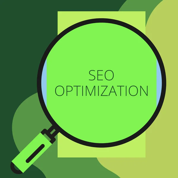 Schrijfbriefje met Seo Optimization. Zakelijke foto showcasing proces van invloed op online zichtbaarheid van de website of pagina Ronde vergrootglas met ijzeren handvat frame om groter te kijken. — Stockfoto