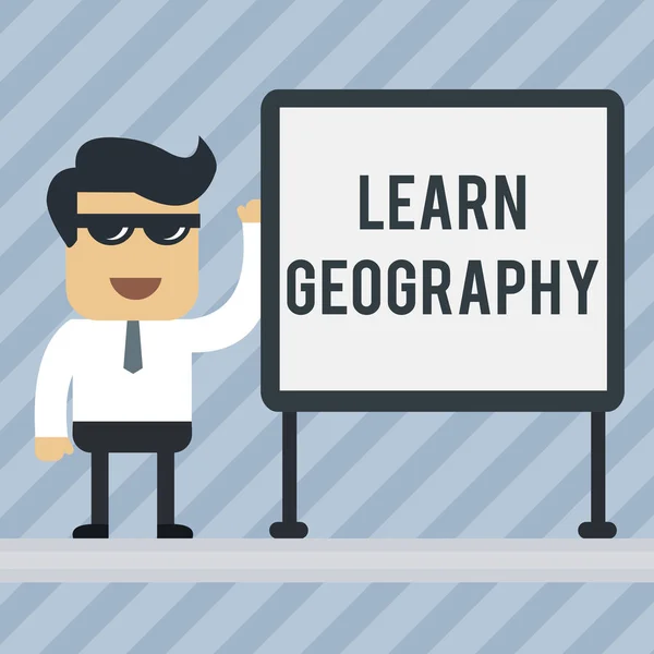 Writing note showing Learn Geography. Business photo showcasing study of physical features of earth and its atmosphere Office Worker Sunglass Blank Whiteboard Meeting Presentation.