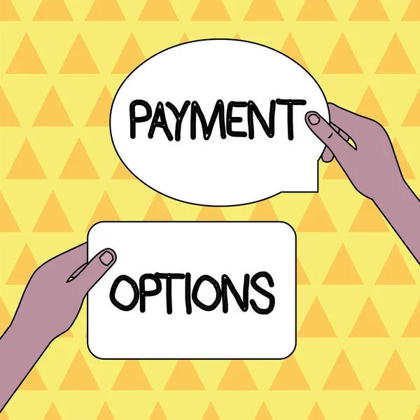 Handwriting text Payment Options. Concept meaning The way of chosen to compensate the seller of a service Two Blank Figured Tablets Signs Held in Hands One Above Other Text Space.