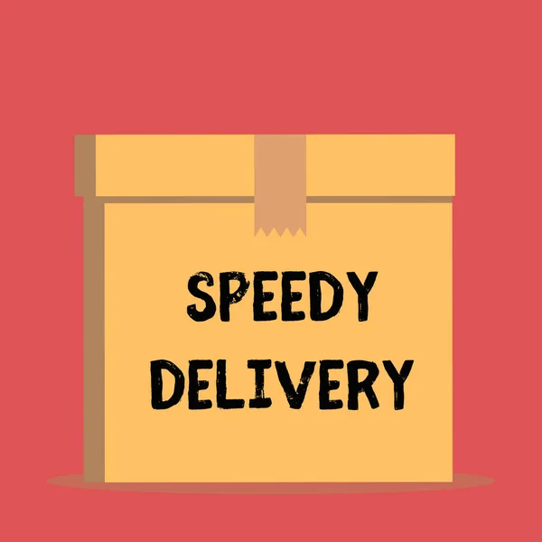 Handwriting text Speedy Delivery. Concept meaning provide products in fast way or same day shipping overseas Close up front view open brown cardboard sealed box lid. Blank background. — Stock Photo, Image