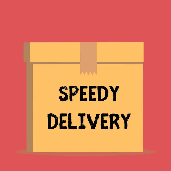 El yazısı metin Speedy Delivery. Kavram anlamı hızlı bir şekilde veya aynı gün nakliye yurtdışı yakın ön görünüm açık kahverengi karton mühürlü kutu kapağı kadar ürünler sağlamak. Boş arka plan. — Stok fotoğraf