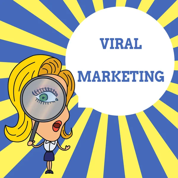 Word writing text Viral Marketing. Business concept for whereby consumer encouraged share information via Internet Woman Looking Trough Magnifying Glass Big Eye Blank Round Speech Bubble.