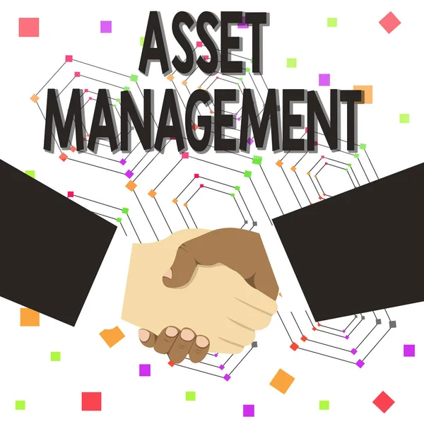 Text sign showing Asset Management. Conceptual photo systematic process of operating and disposing of assets Hand Shake Multiracial Male Business Partners Colleagues Formal Black Suits.