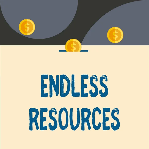 Text sign showing Endless Resources. Conceptual photo Unlimited supply of stocks or financial assistance Front view close up three penny coins icon one entering collecting box slot.