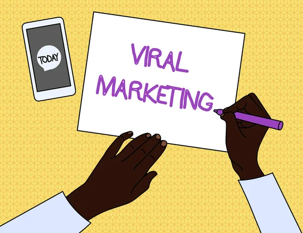 Handwriting text Viral Marketing. Concept meaning whereby consumer encouraged share information via Internet Top View Man Writing Blank Paper Pen Pencil Marker Smartphone Message Icon.