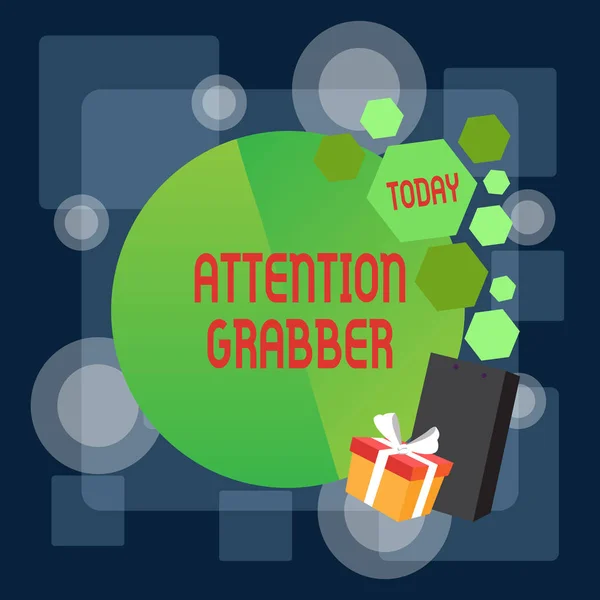 Writing note showing Attention Grabber. Business photo showcasing Deanalysisding notice mainly by being prominent or outlandish Greeting Card Poster Gift Package Presentation Box Decorated by Bowknot. — 图库照片