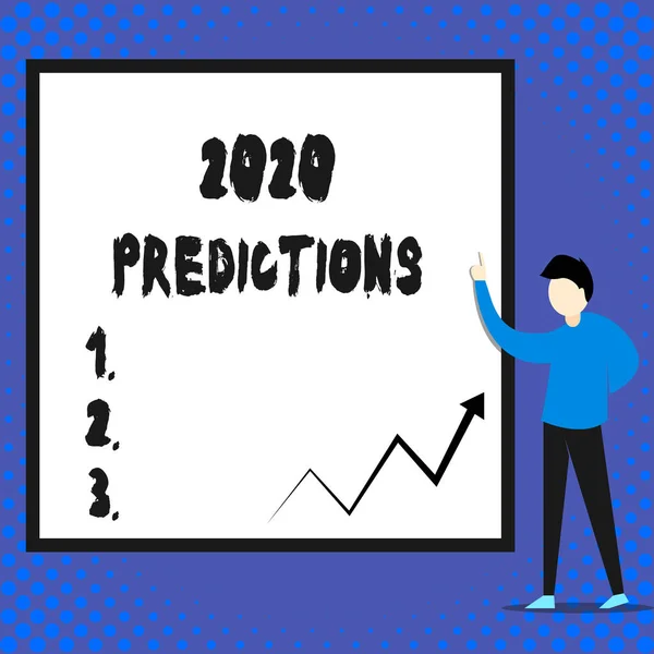 Writing note showing 2020 Predictions. Business photo showcasing list of things you feel that going to happen without proof Man standing pointing up blank rectangle Geometric background. — 스톡 사진