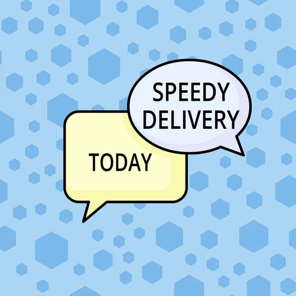 Word writing text Speedy Delivery. Business concept for provide products in fast way or same day shipping overseas Pair of Overlapping Blank Speech Bubbles of Oval and Rectangular Shape. — Stock Photo, Image