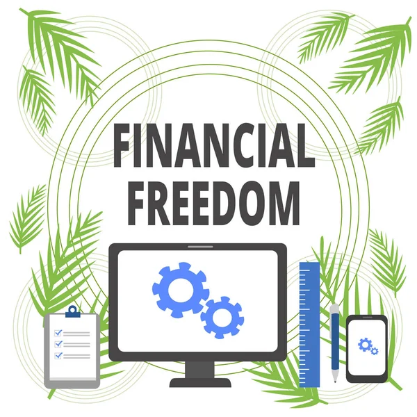 Handwriting text writing Financial Freedom. Concept meaning Having money Free from worry when it comes to cash flow Business Concept PC Monitor Mobile Device Clipboard Ruler Ballpoint Pen.