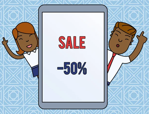Palavra escrita texto Venda 50 por cento. Conceito de negócio para um preço promocional de um item a 50 por cento de marcação Índice Masculino e Feminino Dedos Up Touch Screen Tablet Smartphone Device . — Fotografia de Stock