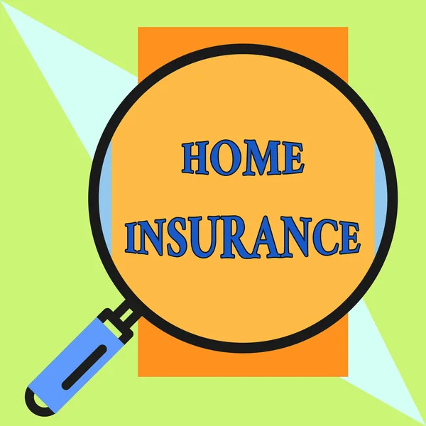 Tekst pisma ręcznego Home Insurance. Pojęcie znaczenie obejmuje utratę i uszkodzenia oraz wypadki w domu lupy okrągłe z żelazną ramą uchwytu sprawiają, że obiekt wygląda na większy. — Zdjęcie stockowe