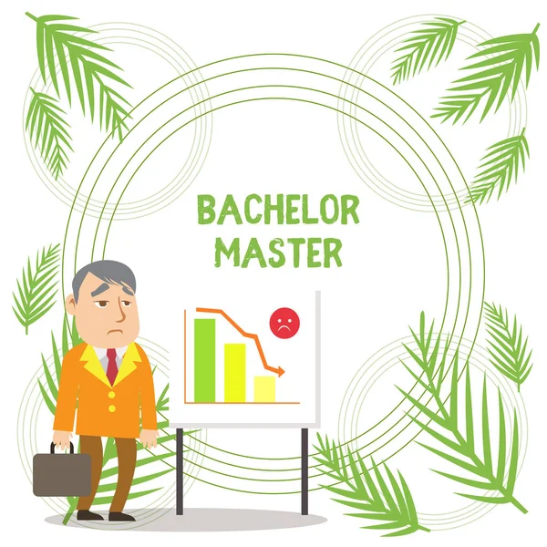 Handwriting text writing Bachelor Master. Concept meaning An advanced degree completed after bachelor s is degree Businessman Clerk with Brief Case Standing Whiteboard Declining Bar Chart. — ストック写真