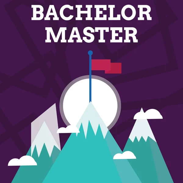 Handwriting text writing Bachelor Master. Concept meaning An advanced degree completed after bachelor s is degree Three High Mountains with Snow and One has Blank Colorful Flag at the Peak. — ストック写真