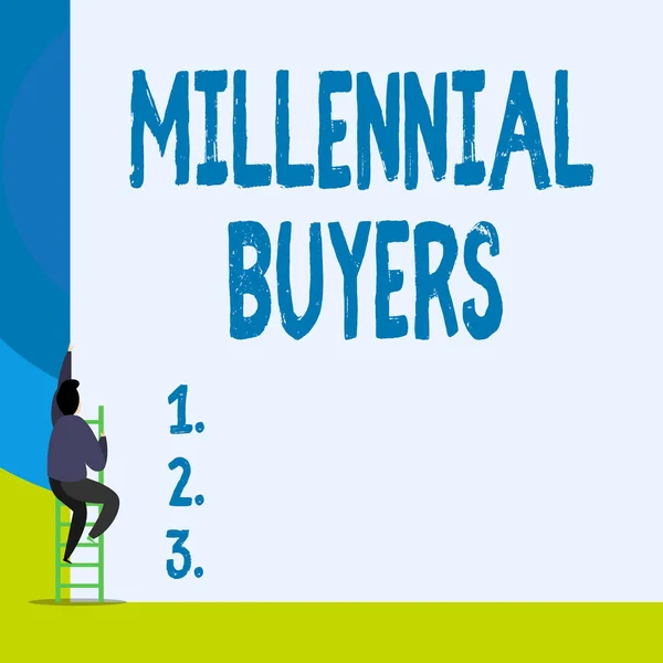 Word writing text Millennial Buyers. Business concept for Type of consumers that are interested in trending products Back view young man climbing up staircase ladder lying big blank rectangle. — 스톡 사진