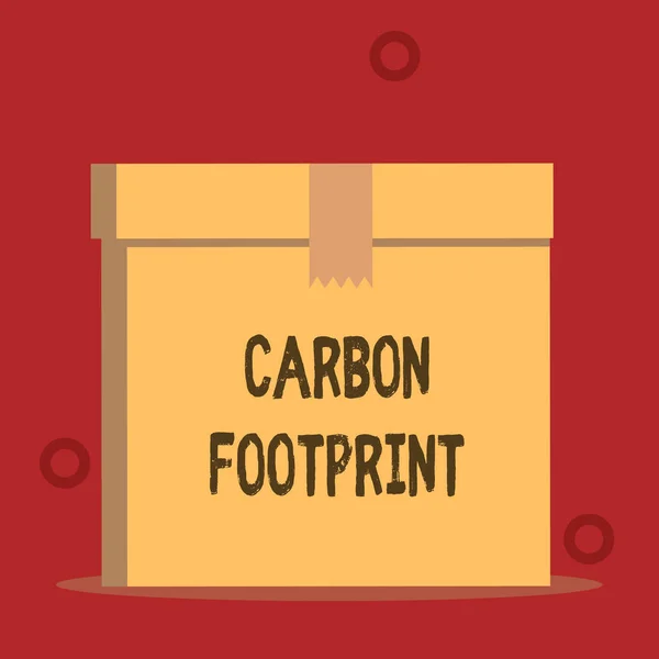 Word writing text Carbon Footprint. Business concept for amount of dioxide released atmosphere result of activities Close up front view open brown cardboard sealed box lid. Blank background. — 스톡 사진
