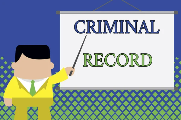 Writing note showing Criminal Record. Business photo showcasing profile of a demonstrating criminal history with details Businessman standing in front projector screen pointing project idea. — Stock Photo, Image