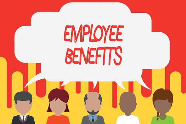 Handwriting text Employee Benefits. Concept meaning Indirect and noncash compensation paid to an employee Five different races persons sharing blank speech bubble. People talking.
