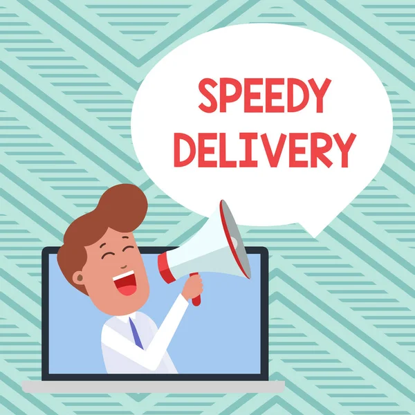 Konceptualne pismo pokazujące Speedy Delivery. Prezentacja zdjęć biznesowych zapewnić produkty w szybki sposób lub tego samego dnia wysyłki za granicą Man Speaking Through Laptop into Loudhailer Bubble Ogłosić. — Zdjęcie stockowe
