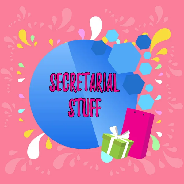 Word writing text Secretarial Stuff. Business concept for Secretary belongings Things owned by demonstratingal assistant Greeting Card Poster Gift Package Presentation Box Decorated by Bowknot.