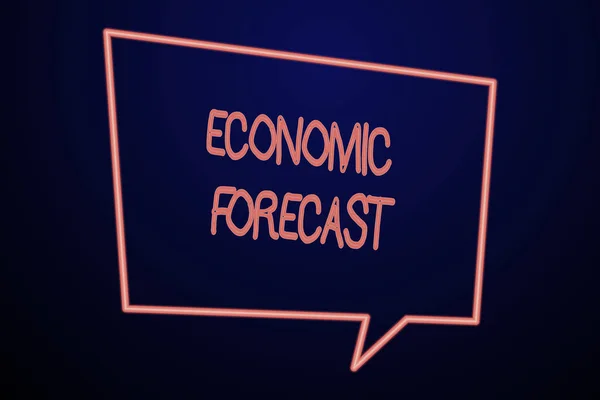 Word writing text Economic Forecast. Business concept for Process of making predictions about the economy condition Empty Quadrangular Neon Copy Space Speech Bubble with Tail Pointing Down. — Stock Photo, Image