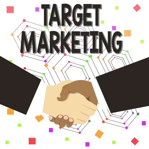 Text sign showing Target Marketing. Conceptual photo Audience goal Chosen clients customers Advertising Hand Shake Multiracial Male Business Partners Colleagues Formal Black Suits. — Stock Photo, Image